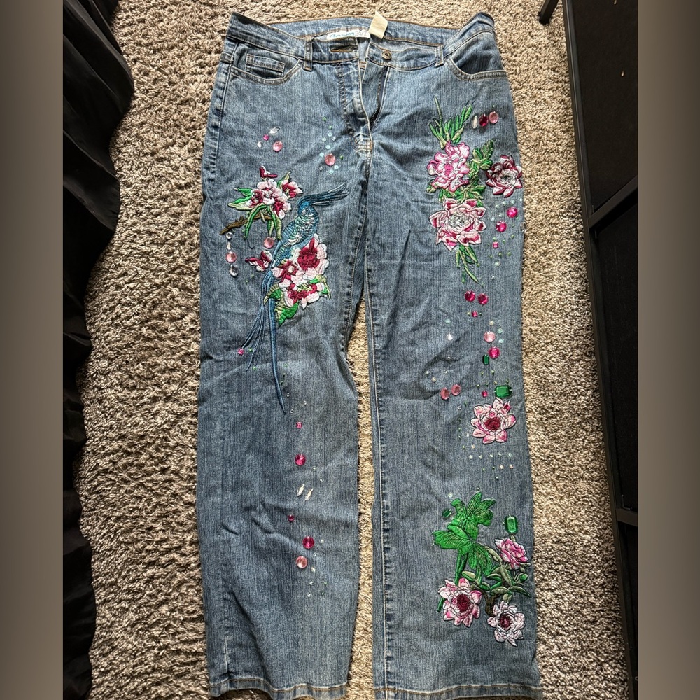 Y2K Denim 24/7 Blue Jeans with Pink Floral Embroidery
